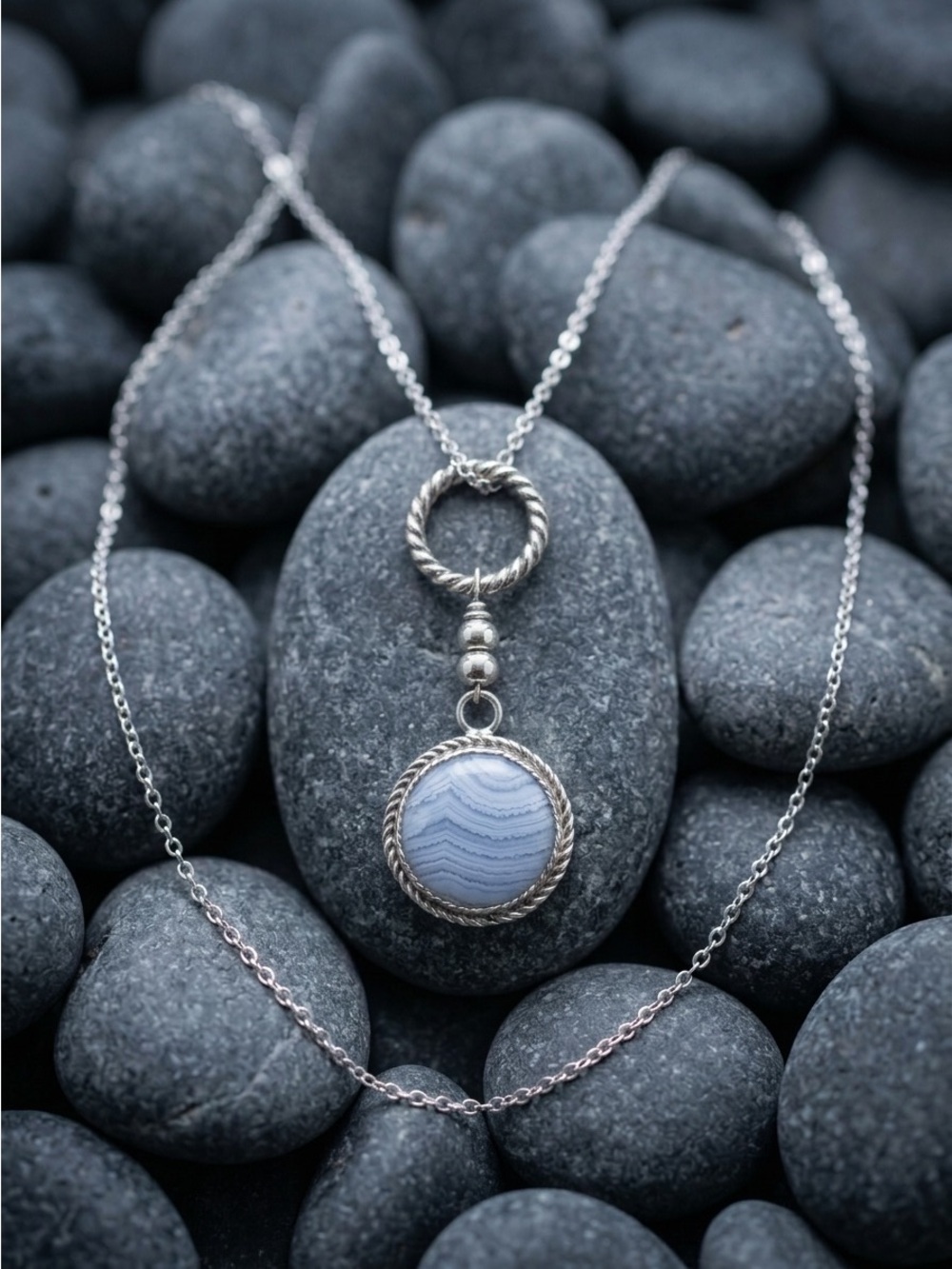 Sterling Silver Blue Lace Agate Pendant Necklace